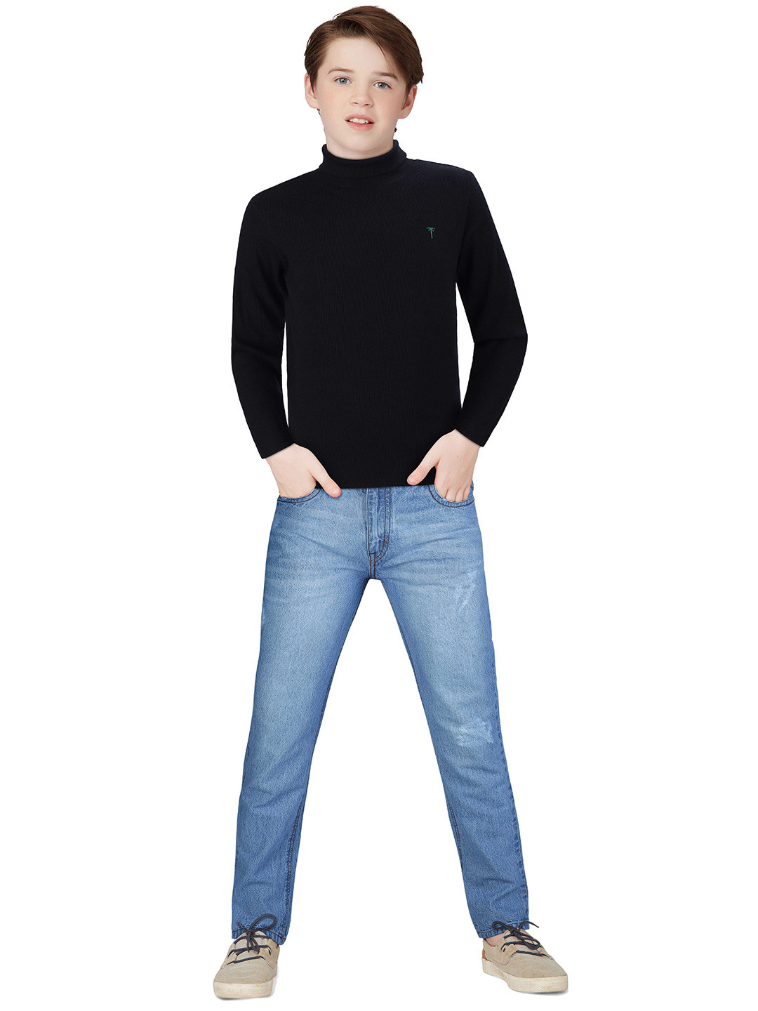 

Palm Tree Boys High Neck Long Sleeves Cotton T-shirt, Black