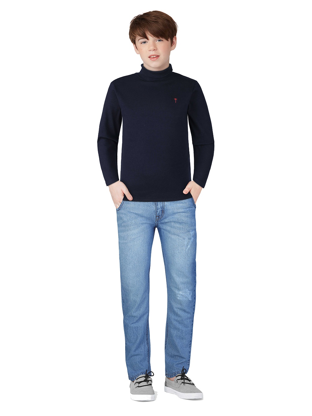 

Palm Tree Boys High Neck Long Sleeves Cotton T-shirt, Navy blue