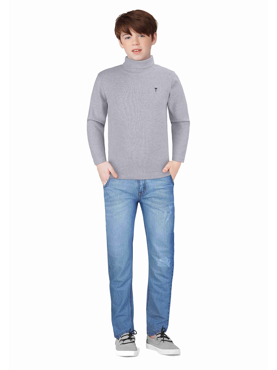 

Palm Tree Boys High Neck Long Sleeves Cotton T-shirt, Grey