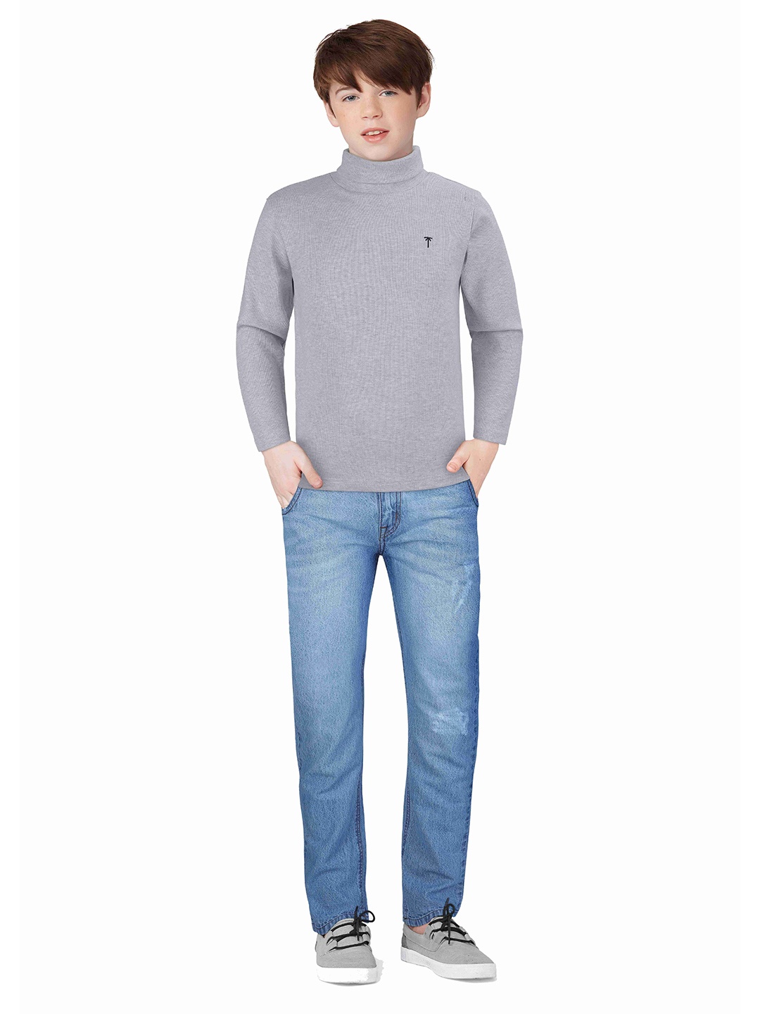 

Palm Tree Boys High Neck Long Sleeves Cotton T-shirt, Grey