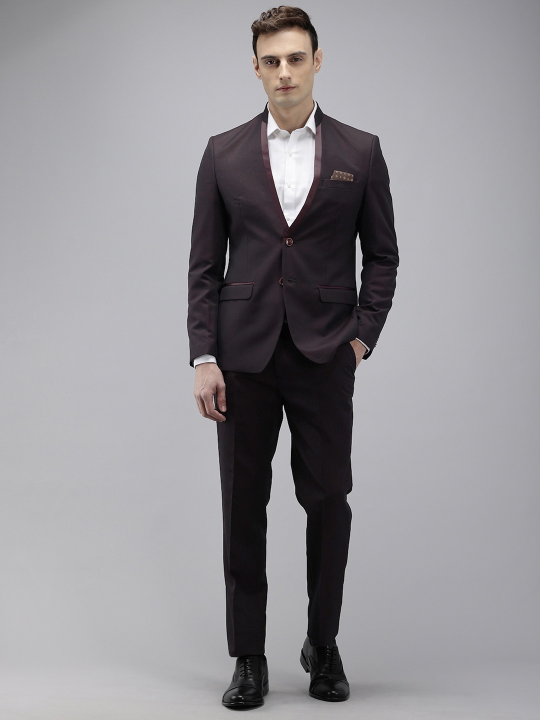

Park Avenue Self Design Textured Single Breasted Super Slim Fit 2 Piece Party Suits, Maroon