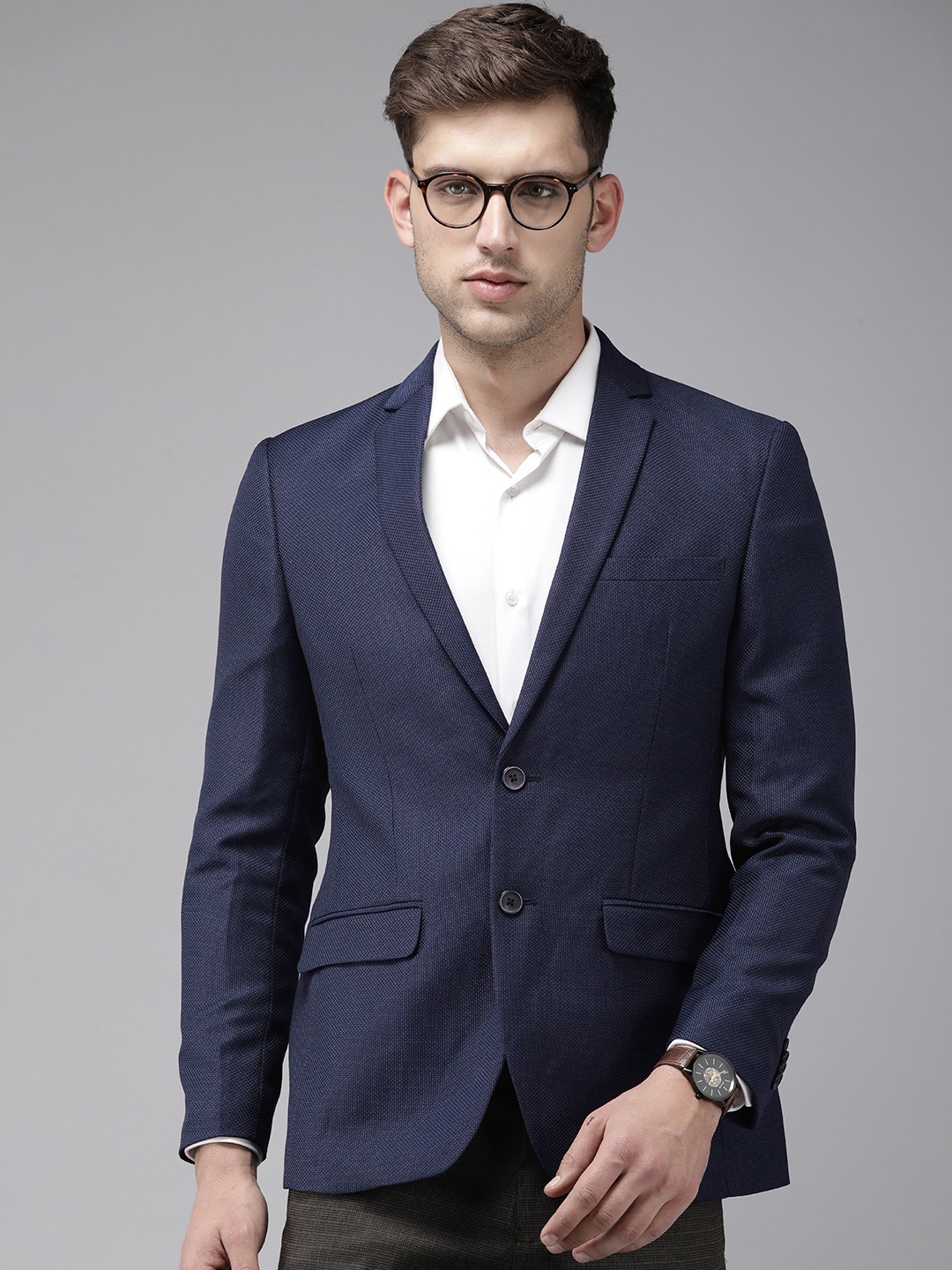 

Park Avenue Super Slim Fit Self Design Single-Breasted Formal Blazer, Blue