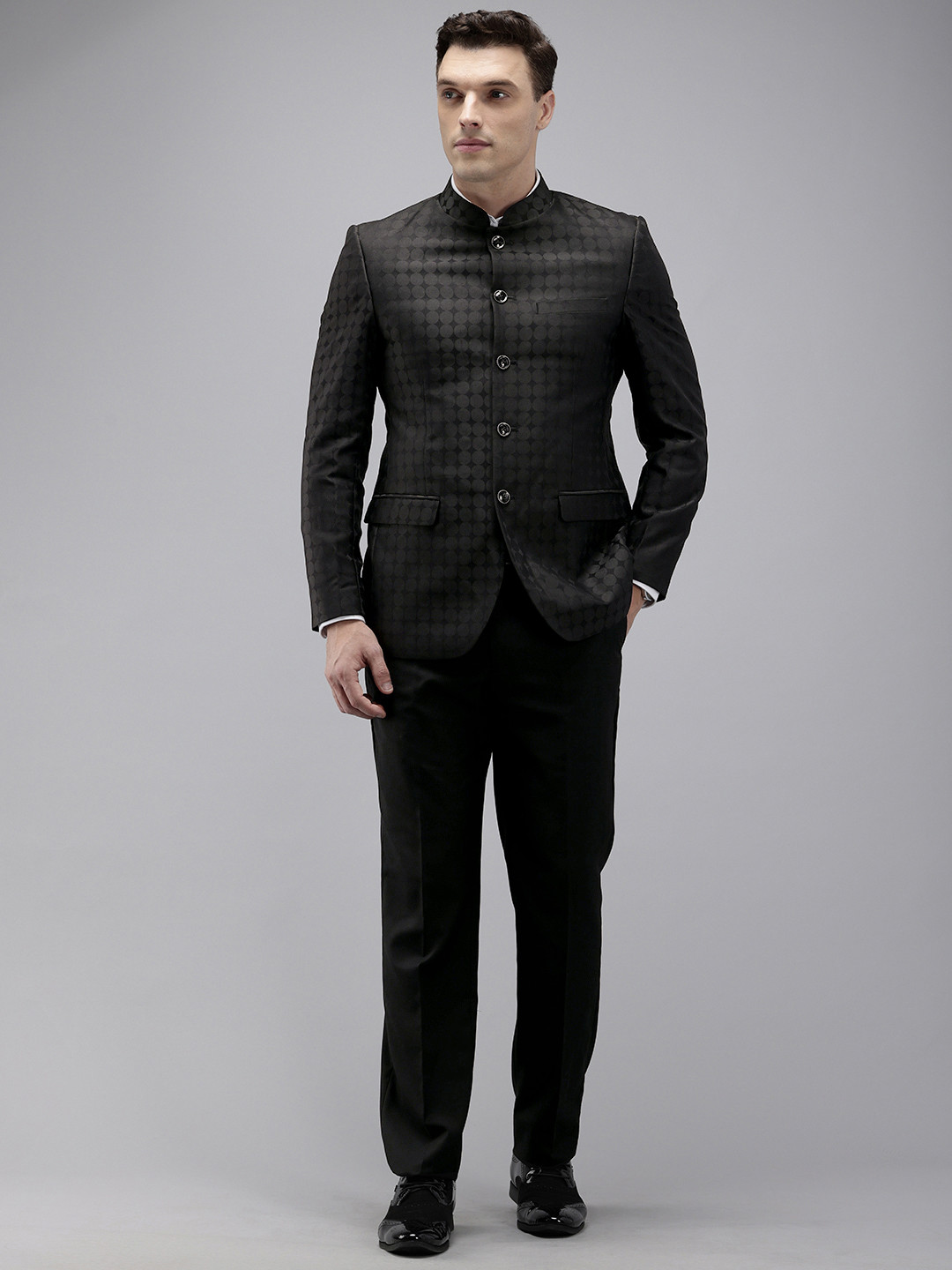 

Park Avenue Self Design Mandarin Collar 2 Piece Party Suit, Black