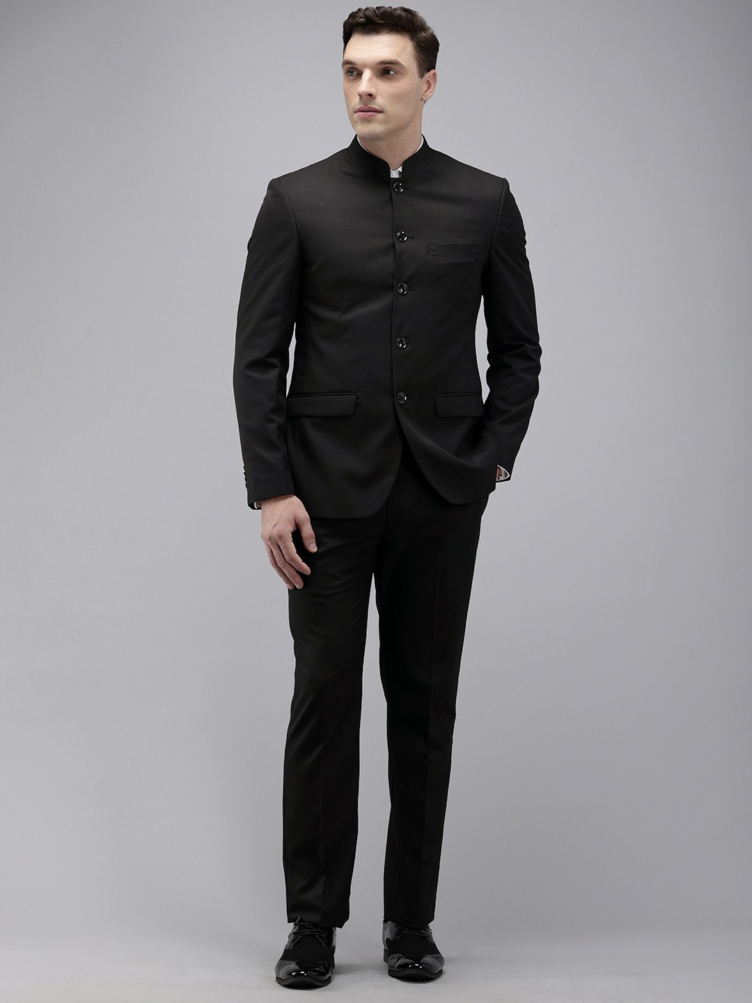 

Park Avenue Self Design Mandarin Collar 2 Piece Party Suit, Black