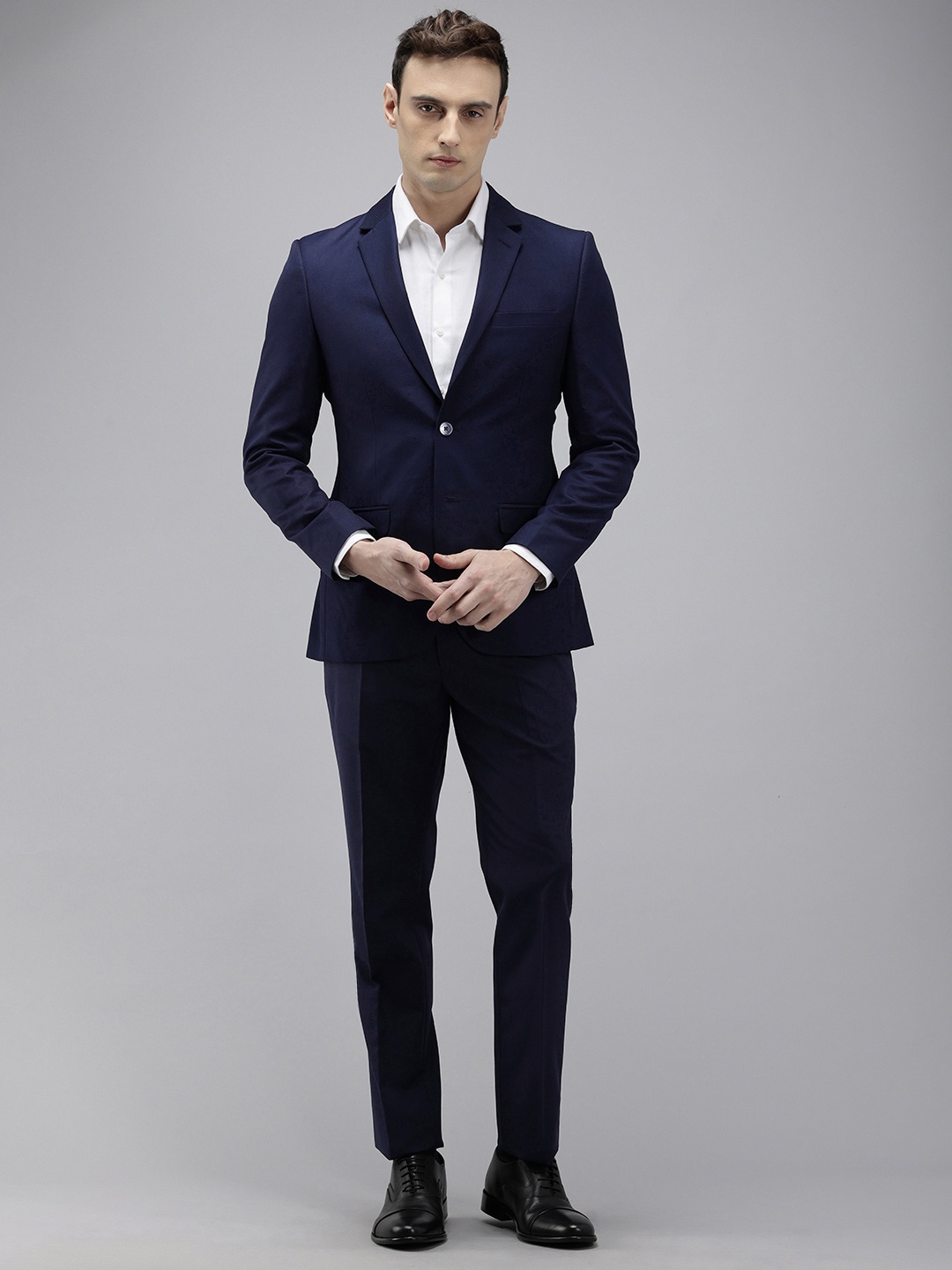 

Park Avenue Self Design Super Slim Fit Single Breasted 2 Piece Party Suits, Blue