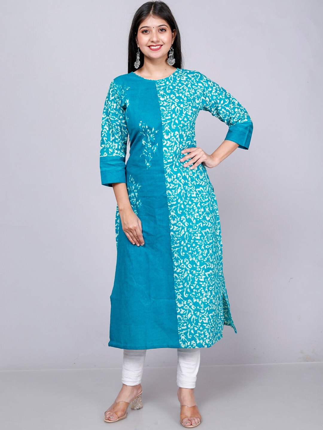 

Jevi Prints Floral Batik Printed Pure Cotton Straight Kurta, Teal