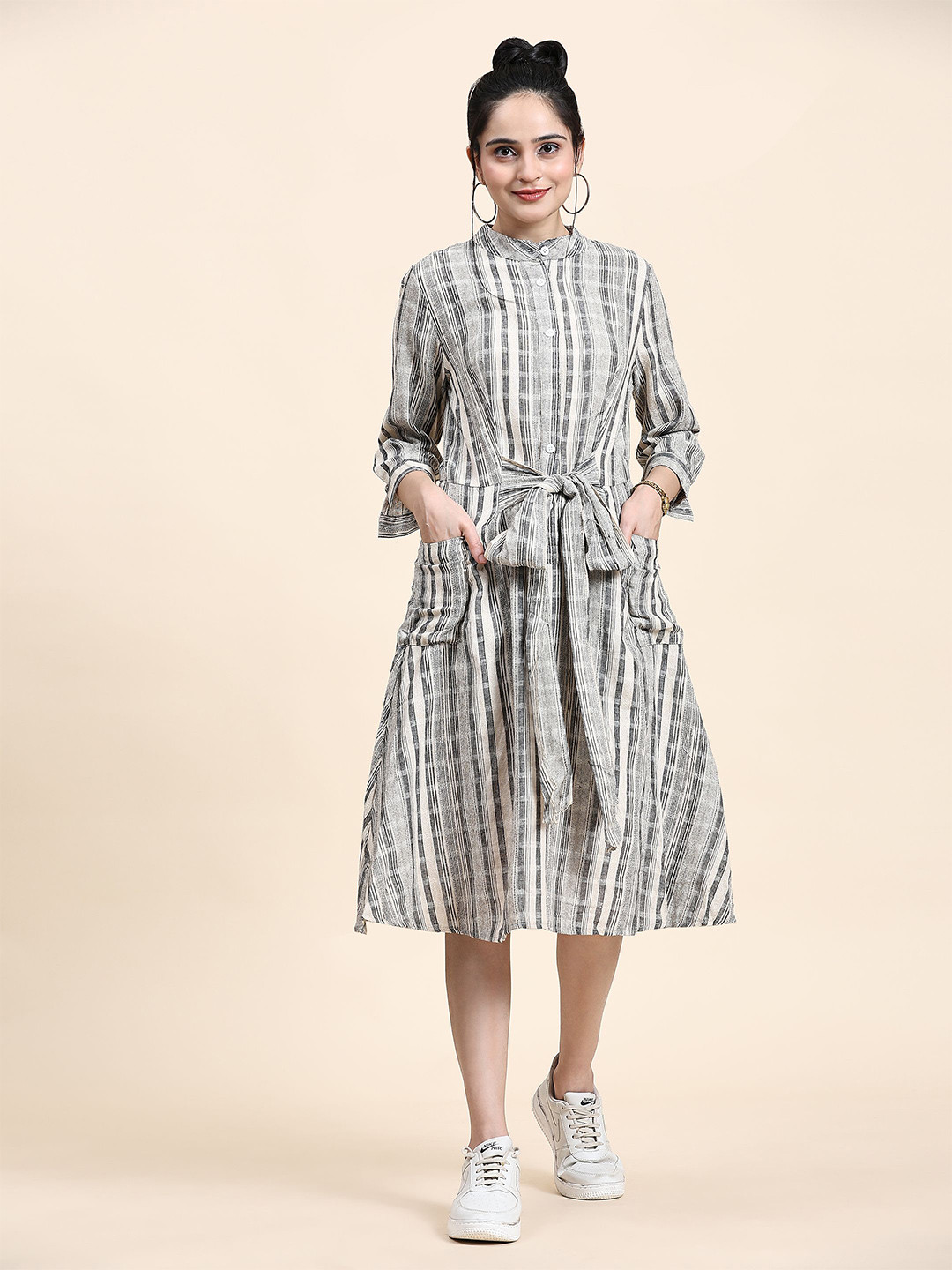 

RACHNA Striped Cotton Shirt Style Midi Dress, Grey