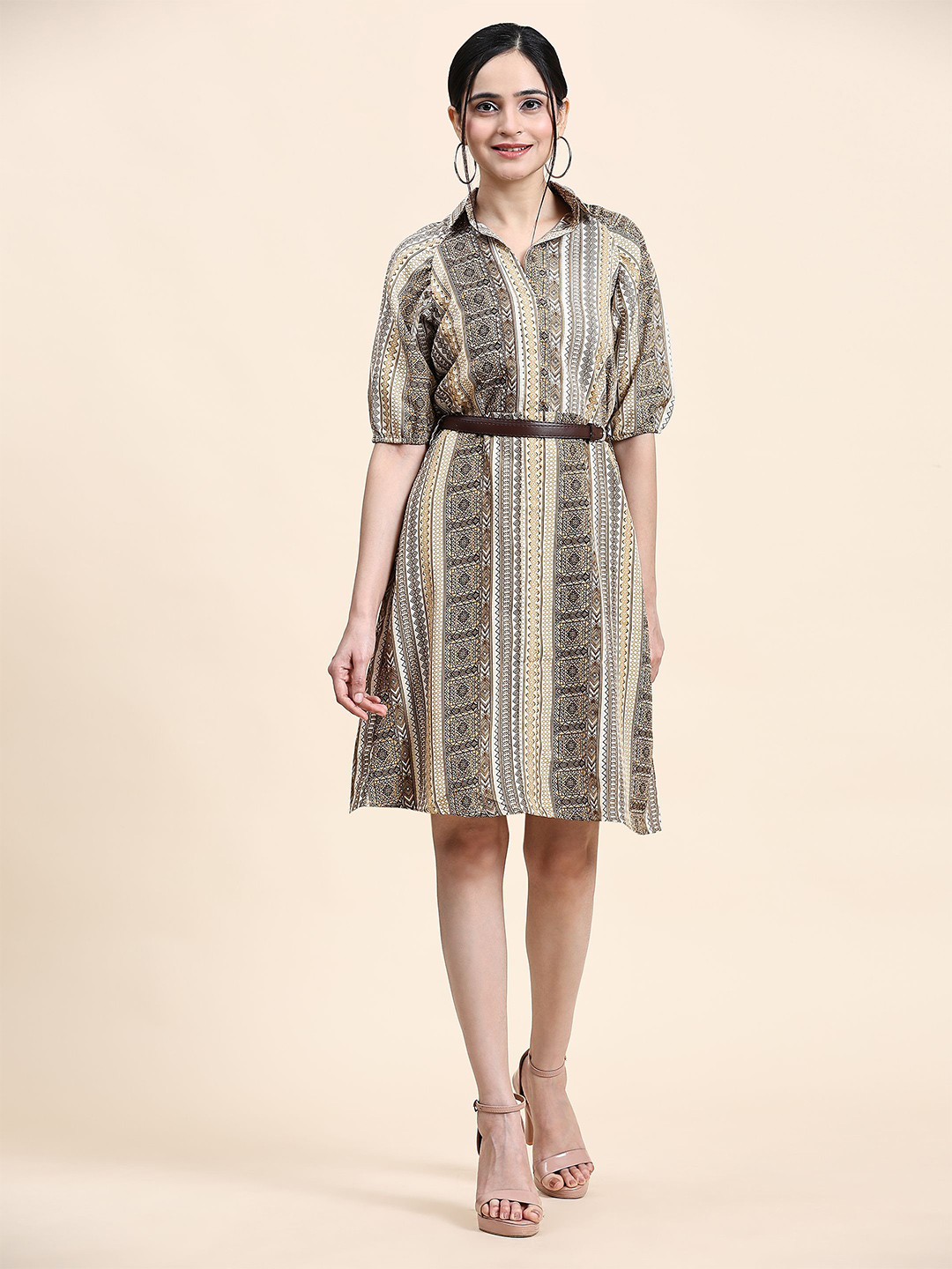 

RACHNA Ethnic Printed Shirt Collar A-Line Dress, Beige