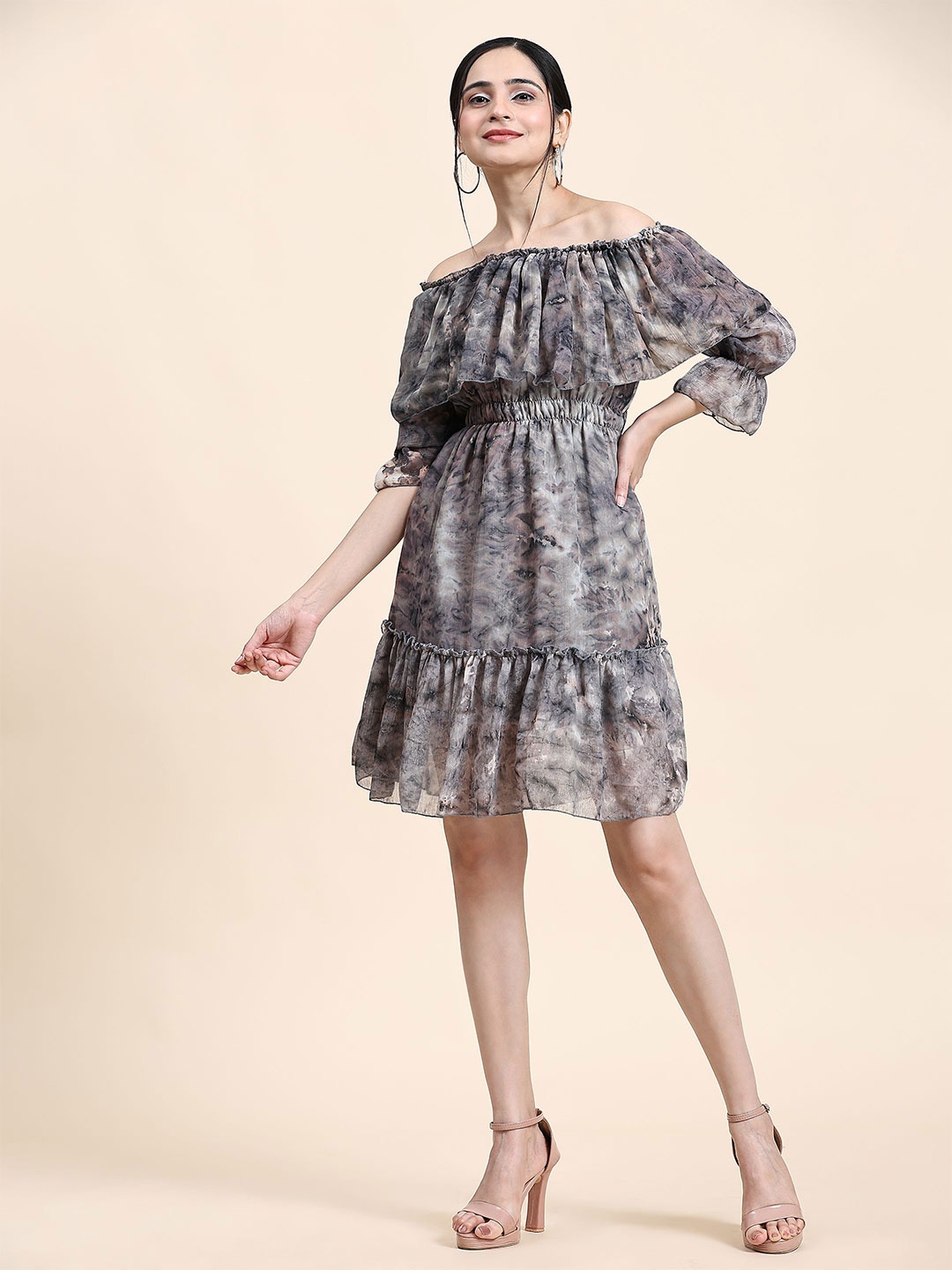 

RACHNA Abstract Printed Off-Shoulder Bell Sleeve Georgette Fit & Flare Dress, Grey