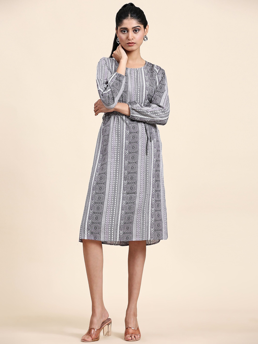 

RACHNA Geometric Printed A-Line Dress, Grey