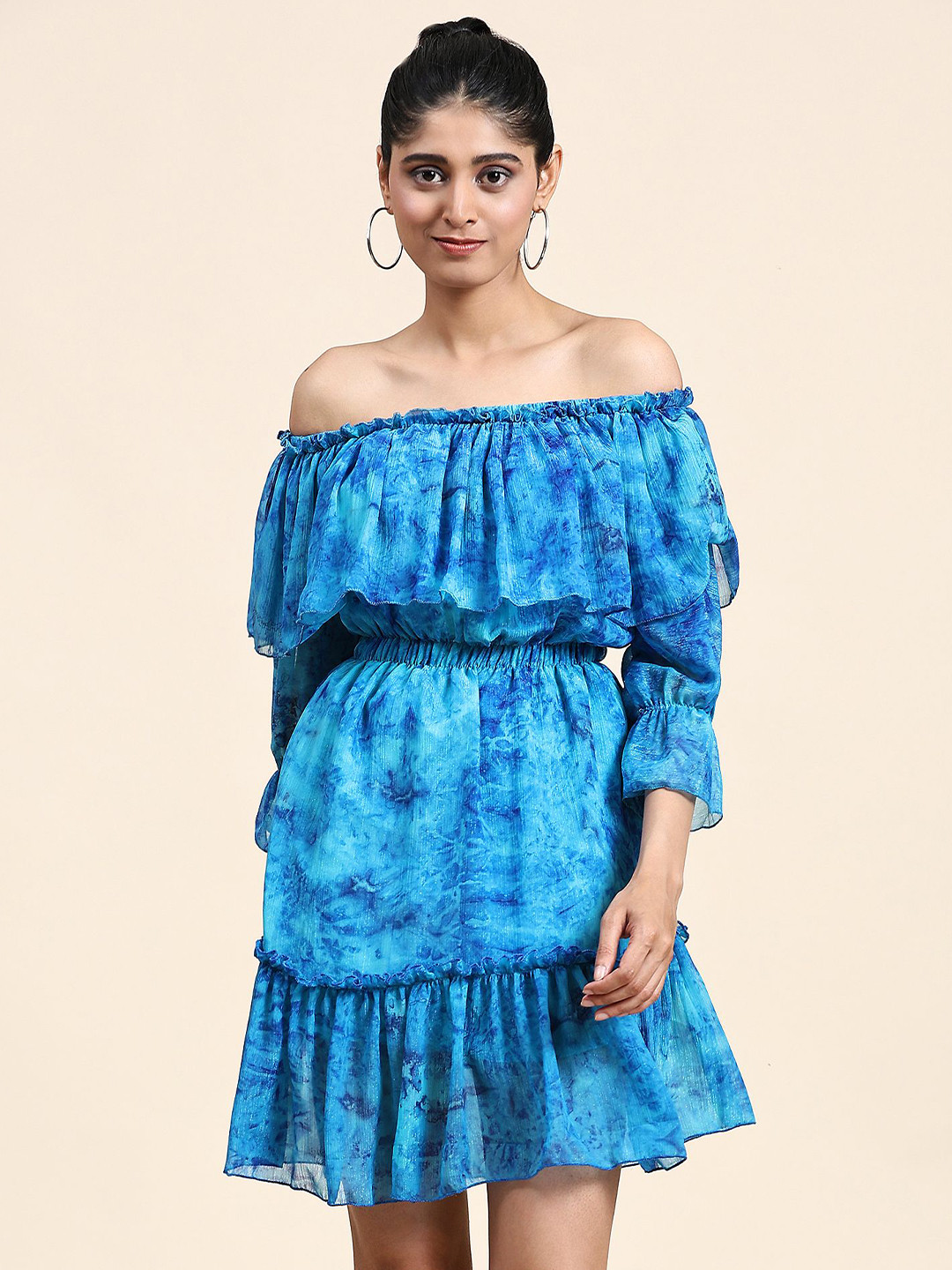 

RACHNA Abstract Printed Off-Shoulder Bell Sleeve Georgette Fit & Flare Dress, Blue