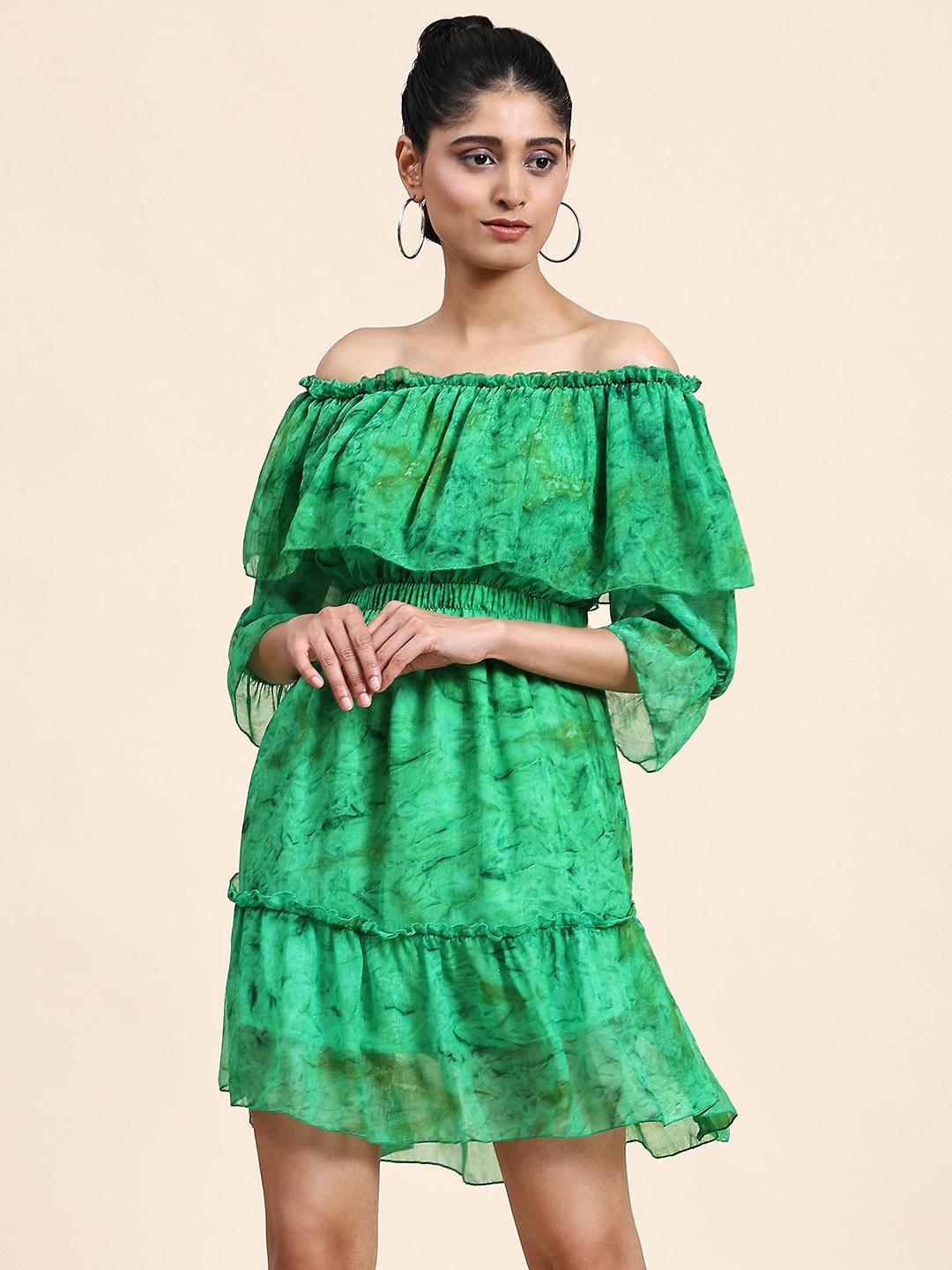 

RACHNA Abstract Printed Off-Shoulder Puff Sleeve Layered A-Line Dress, Green