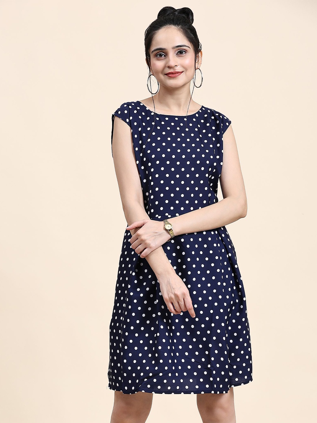 

RACHNA Polka Dot Print Crepe A-Line Dress, Navy blue