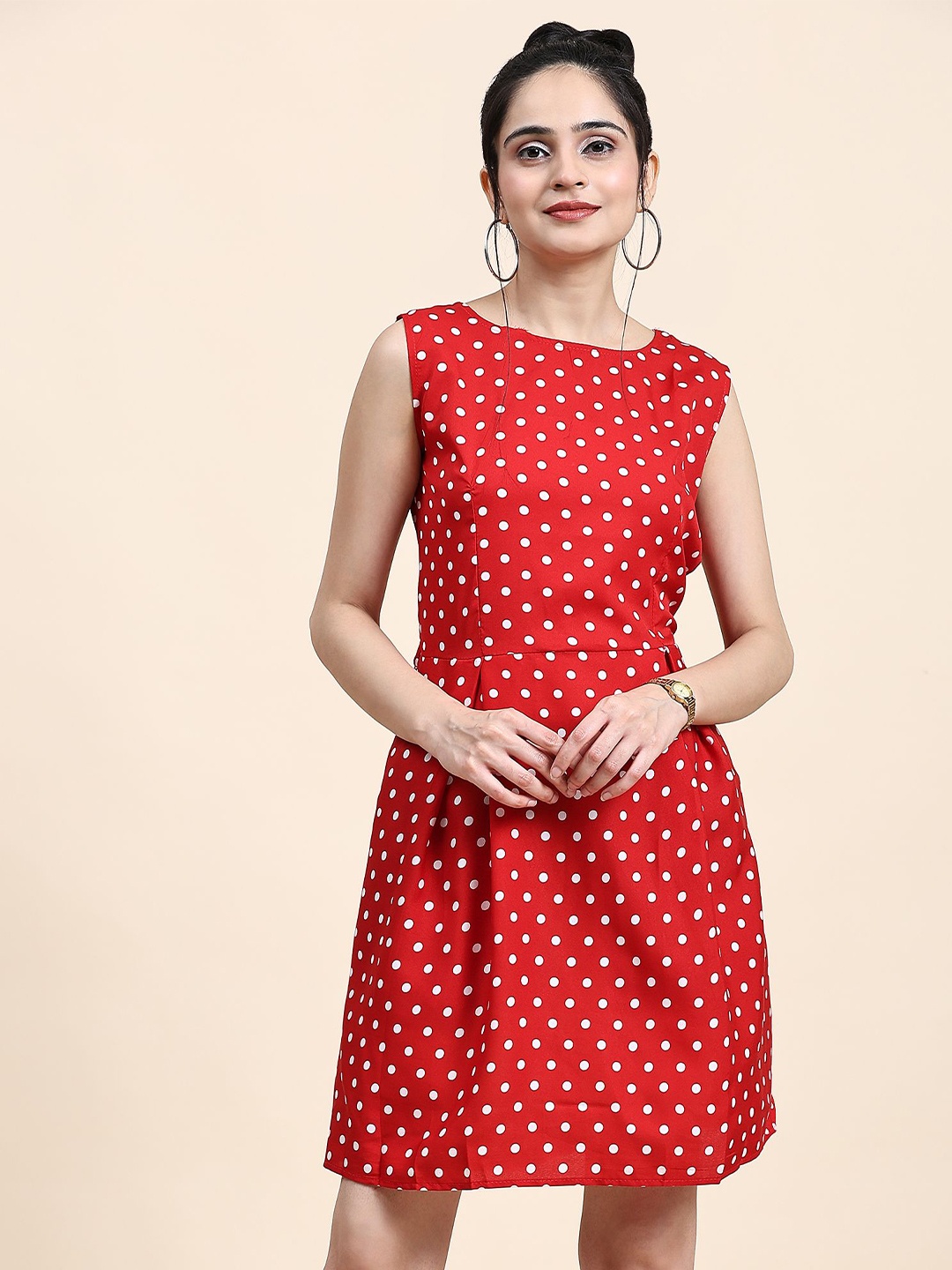 

RACHNA Polka Dot Print Crepe Fit & Flare Dress, Red