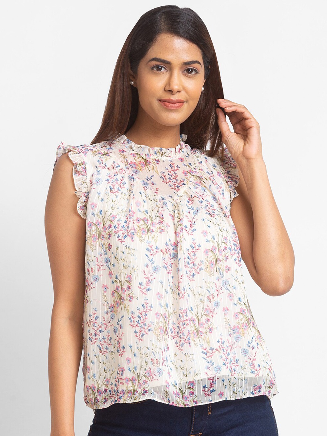 

Globus Cream Floral Print High Neck Ruffled Top