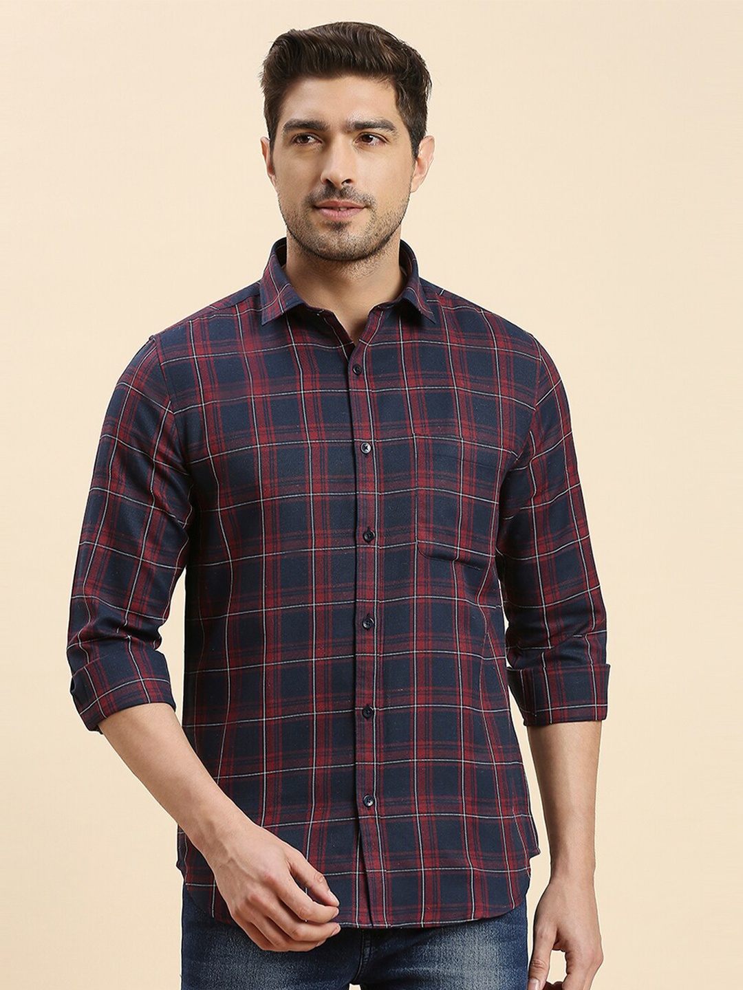 

encore by INVICTUS Navy Blue & Red Tartan Checked Original Slim Fit Twill Casual Shirt