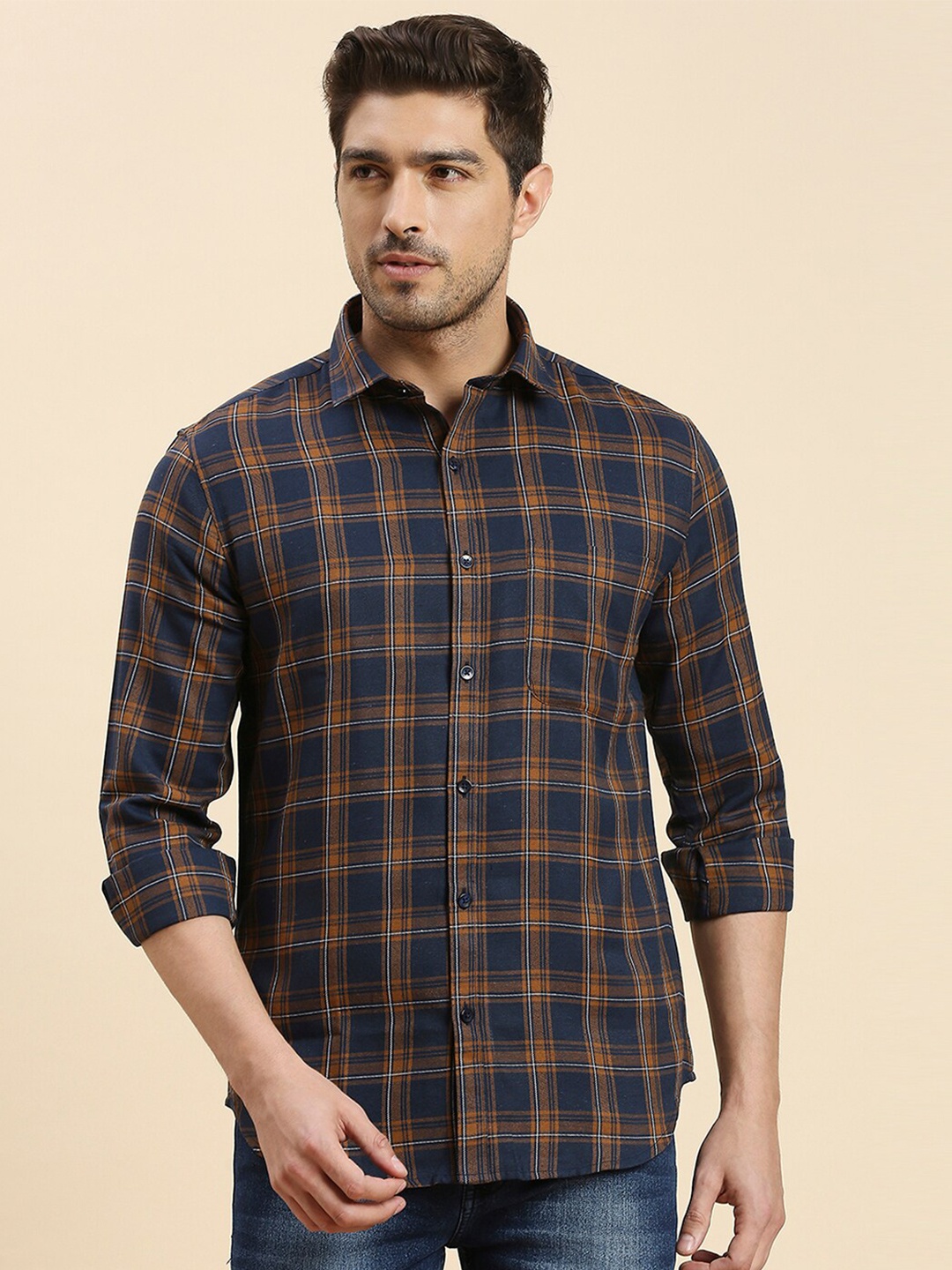 

encore by INVICTUS Orange & Navy Blue Tartan Checked Original Slim Fit Twill Casual Shirt