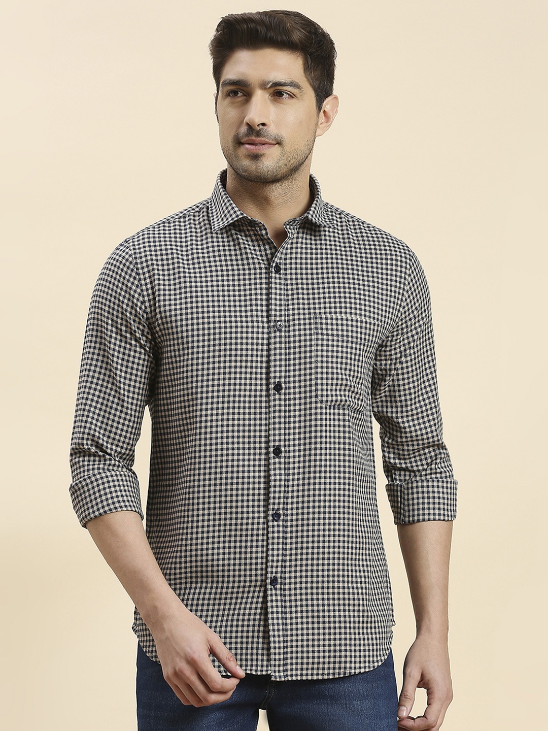 

encore by INVICTUS Original Slim Fit Gingham Checks Casual Shirt, Beige