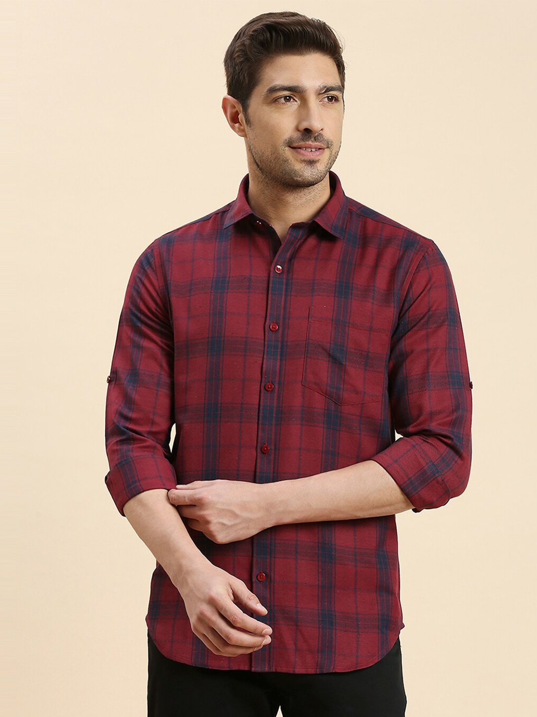 

encore by INVICTUS Original Slim Fit Tartan Checked Twill Casual Shirt, Red