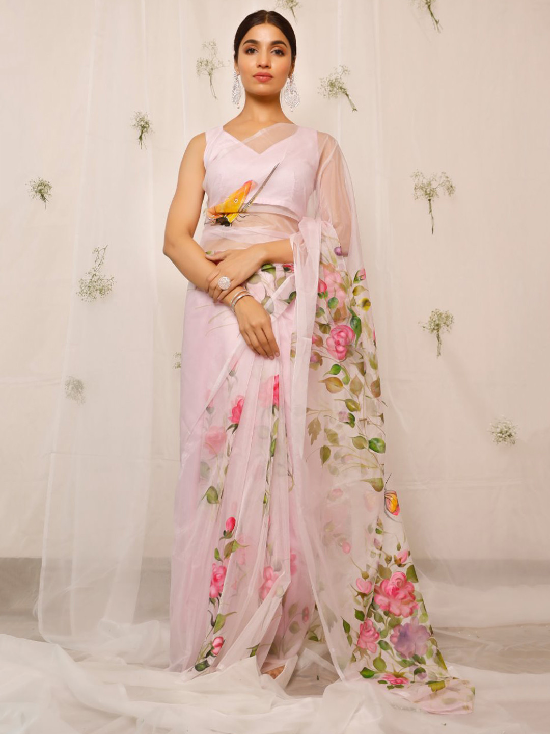 

PHEETA Floral Printed Art Silk Chanderi Saree, Pink