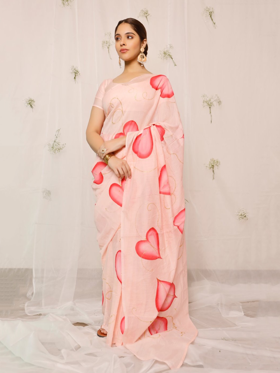 

PHEETA Abstract Printed Chanderi Saree, Peach