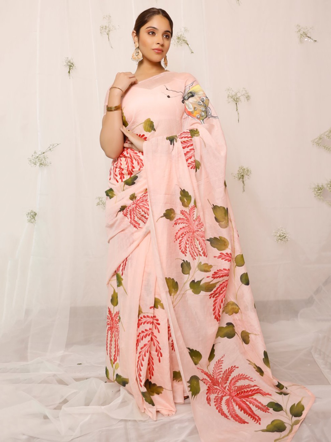 

PHEETA Floral Printed Chanderi Saree, Peach
