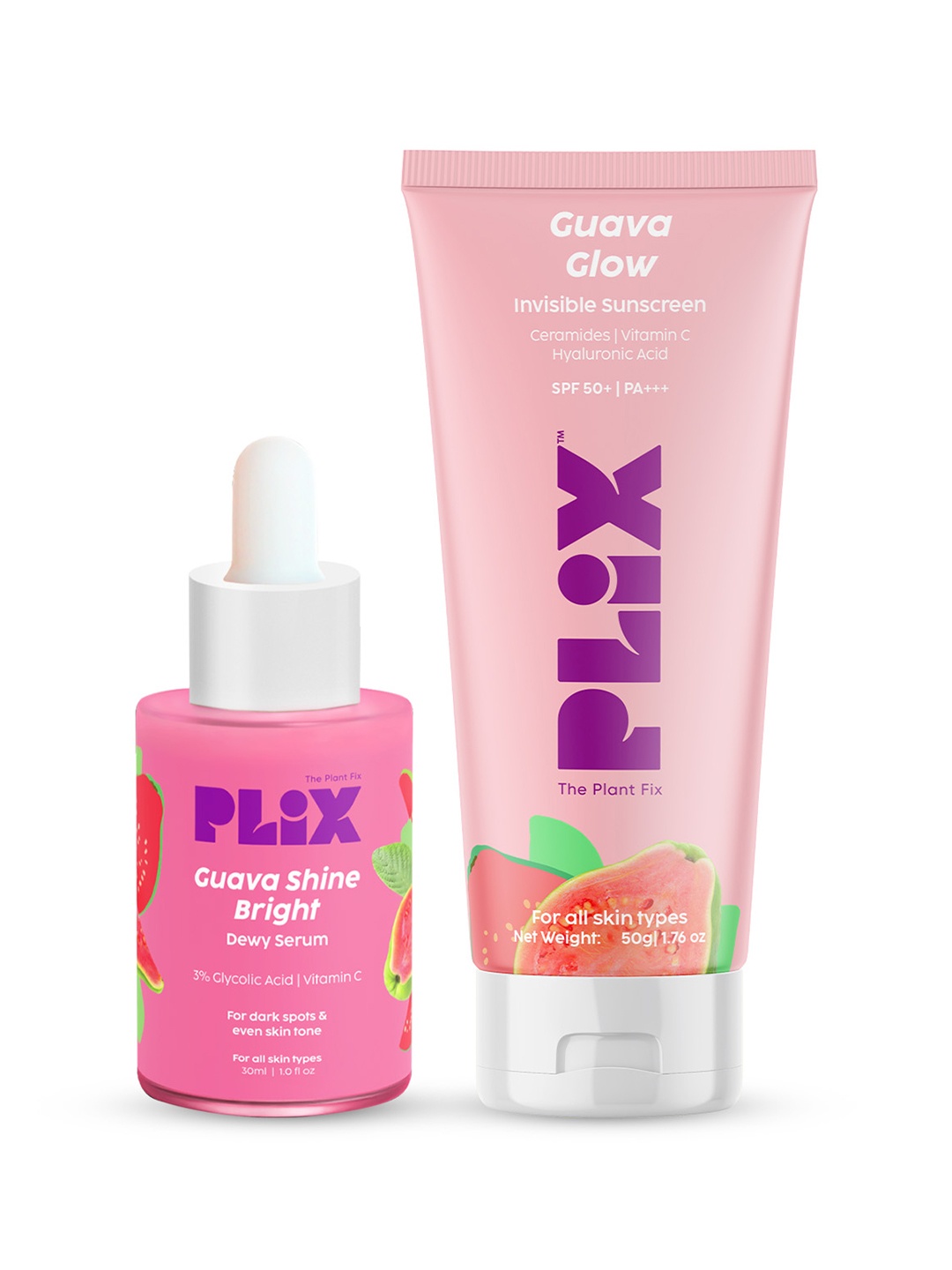 

PLIX THE PLANT FIX Guava Shine Dewy Serum 30ml & Guava Glow SPF50+ Invisible Sunscreen 50g, Pink