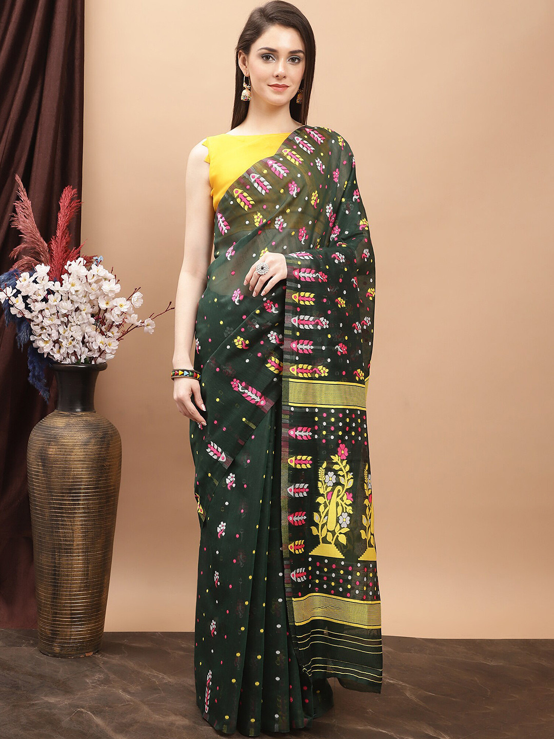 

KALINI Ethnic Motifs Woven Design Pure Cotton Jamdani Saree, Green