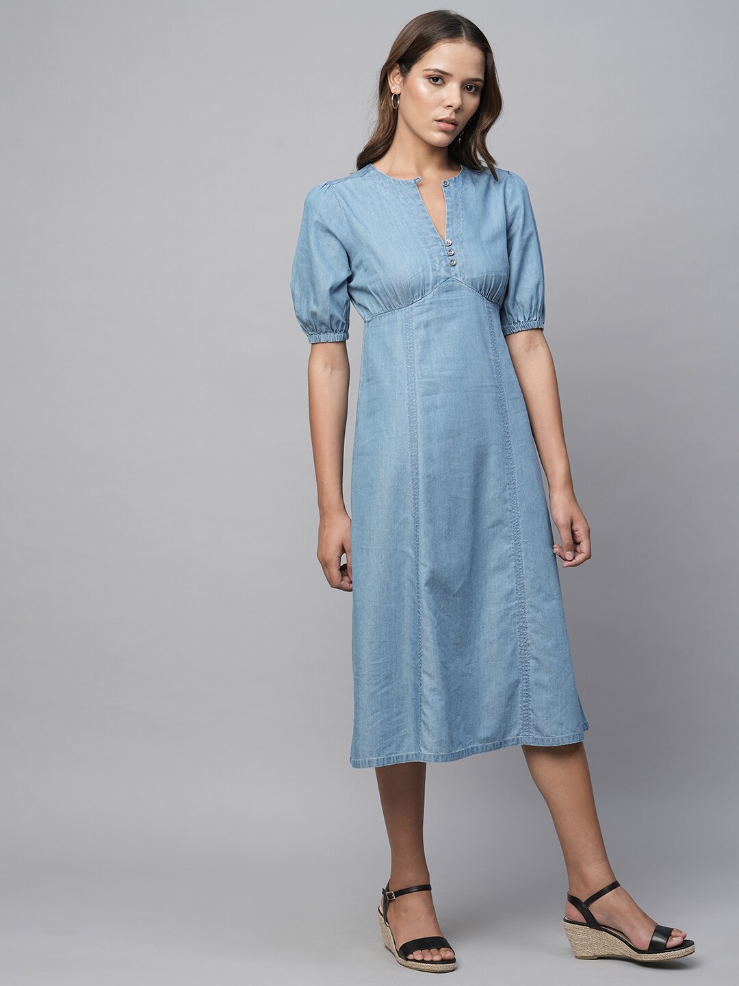 

Chemistry Denim Puff Sleeves Gathered Detailed Empire Midi Dress, Blue