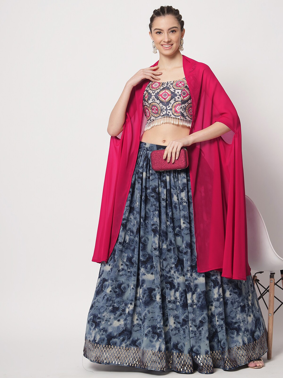 

ODETTE Printed Semi-Stitched Lehenga Choli, Blue