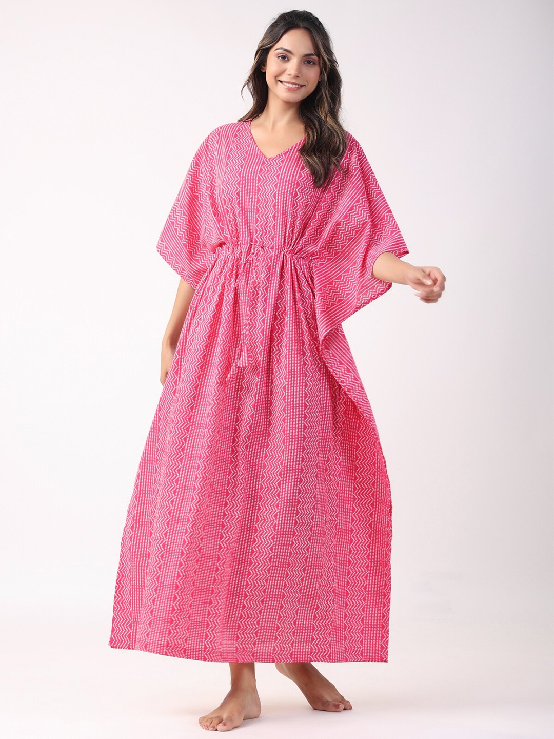 

JISORA Pink Printed Pure Cotton Maxi Kaftan Nightdress