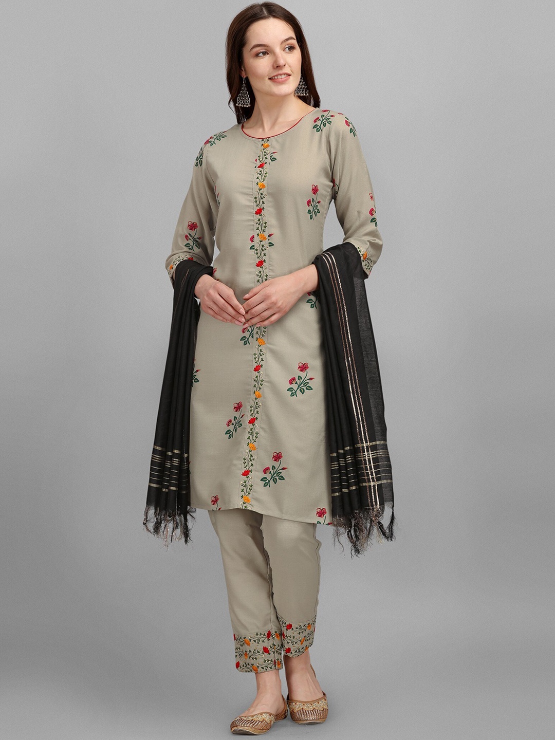 

KALINI Floral Embroidered Thread Work Kurta with Trousers & Dupatta, Grey