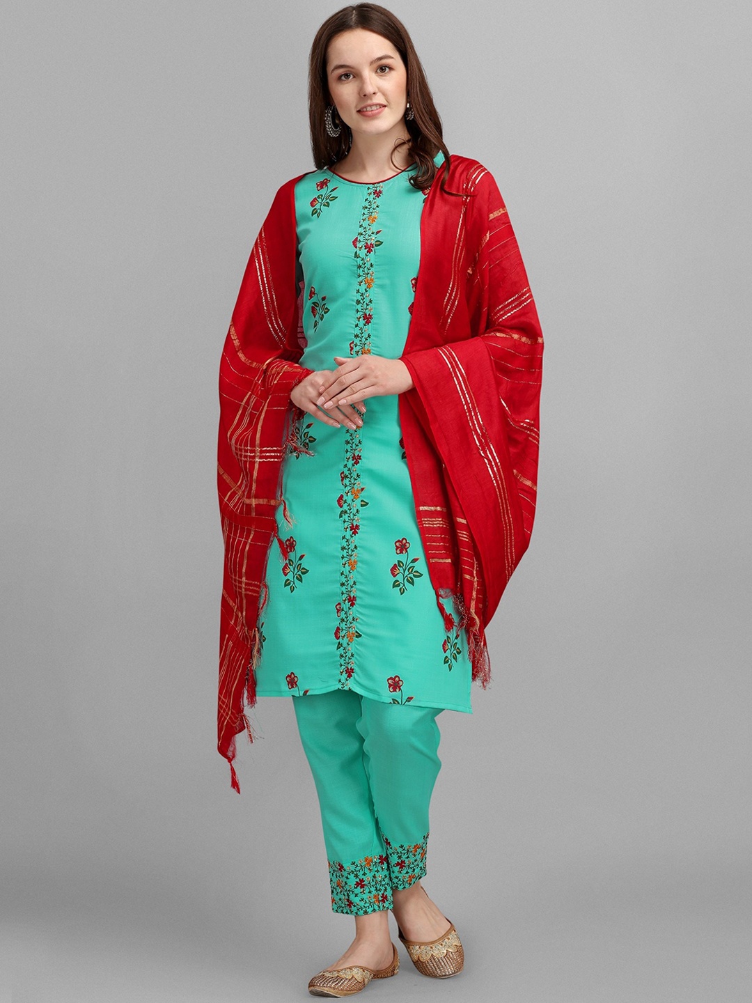 

KALINI Floral Embroidered Regular Thread Work Kurta with Trousers & Dupatta, Green
