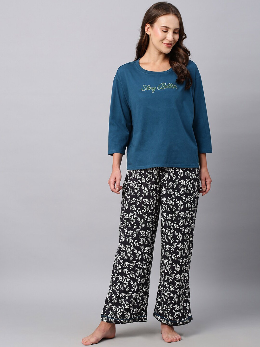 

Chemistry Women Embroidered T-shirt With Printed Pyjama, Teal