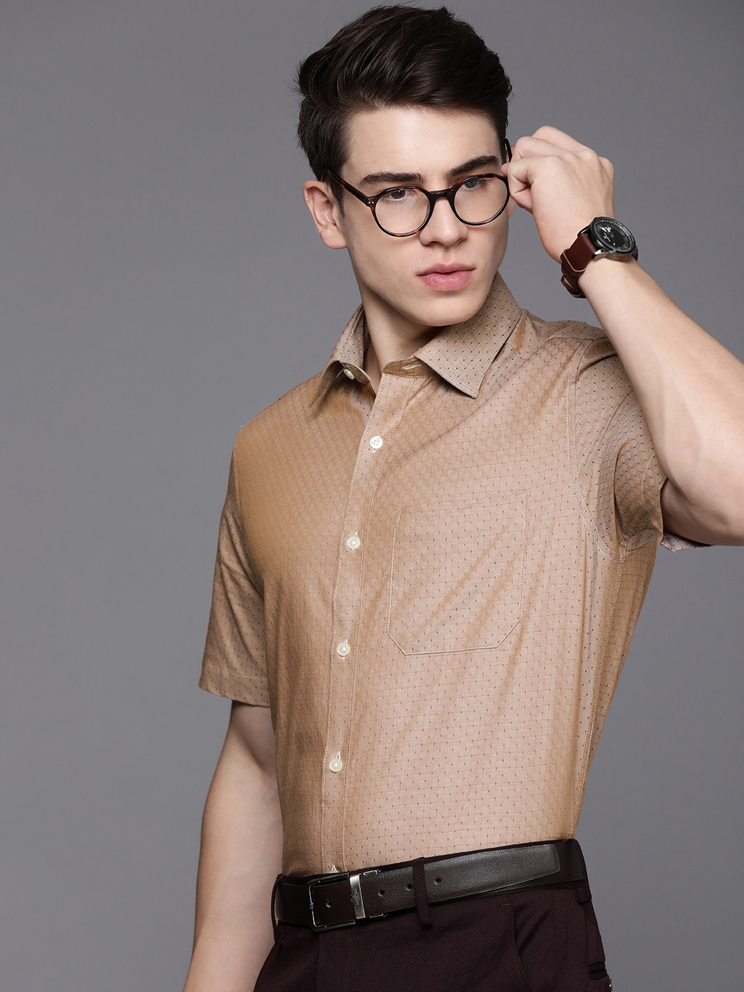 

Louis Philippe Men Slim Fit Textured Pure Cotton Formal Shirt, Rust