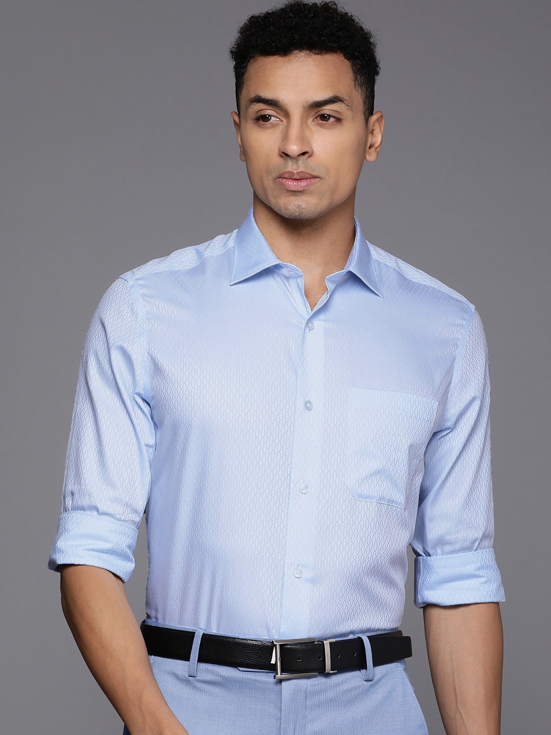 

Louis Philippe Men Slim Fit Textured Pure Cotton Formal Shirt, Blue