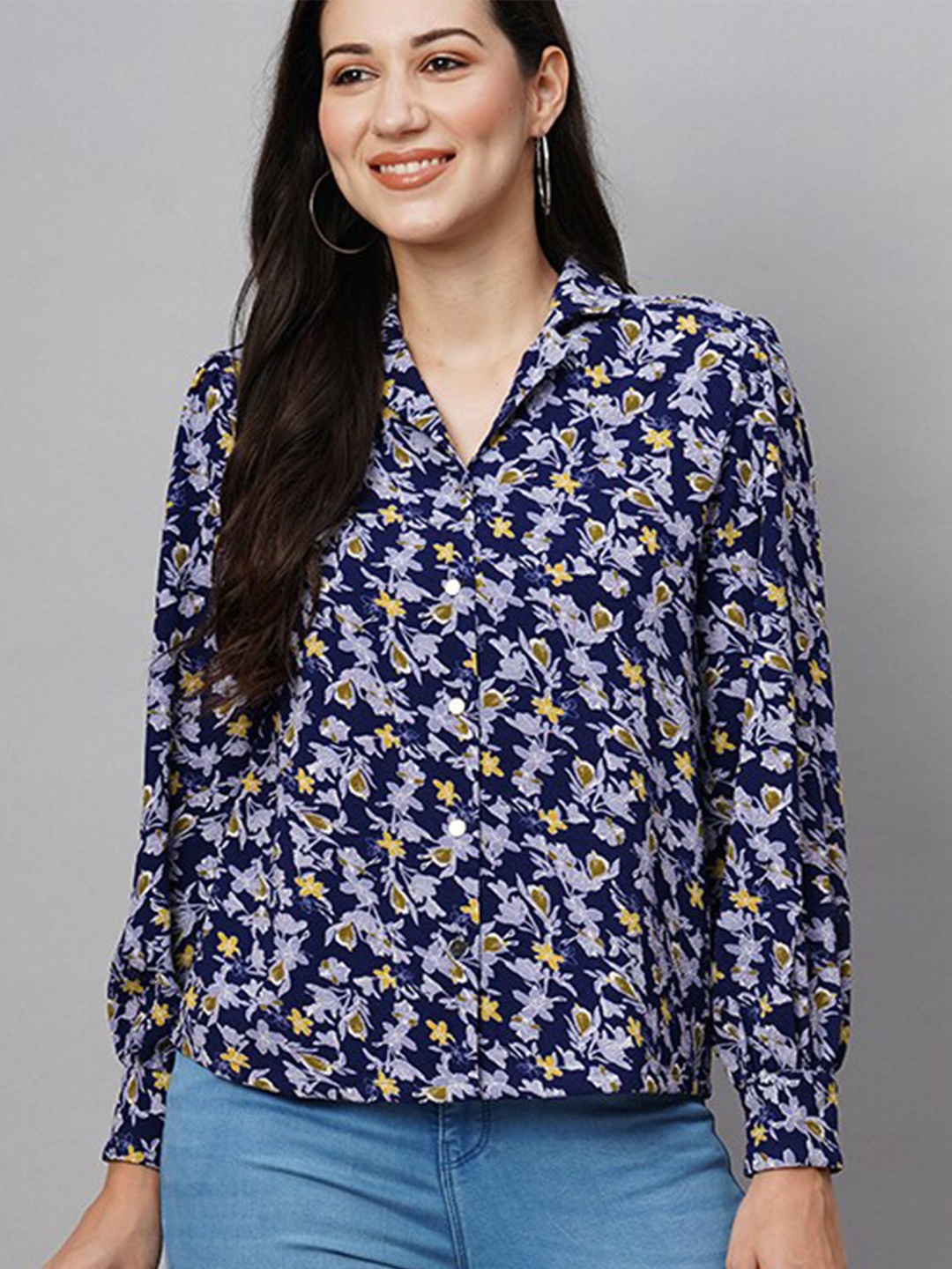 

Chemistry Floral Printed Mandarin Collar Shirt Style Top, Purple