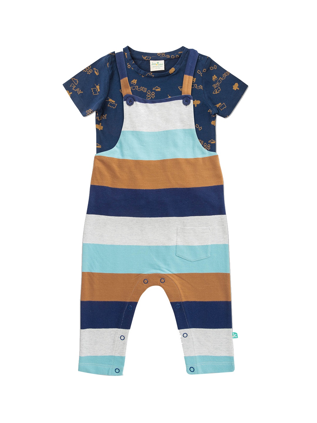 

JusCubs Boys Striped Cotton Straight Leg Dungaree With T-Shirt, Navy blue