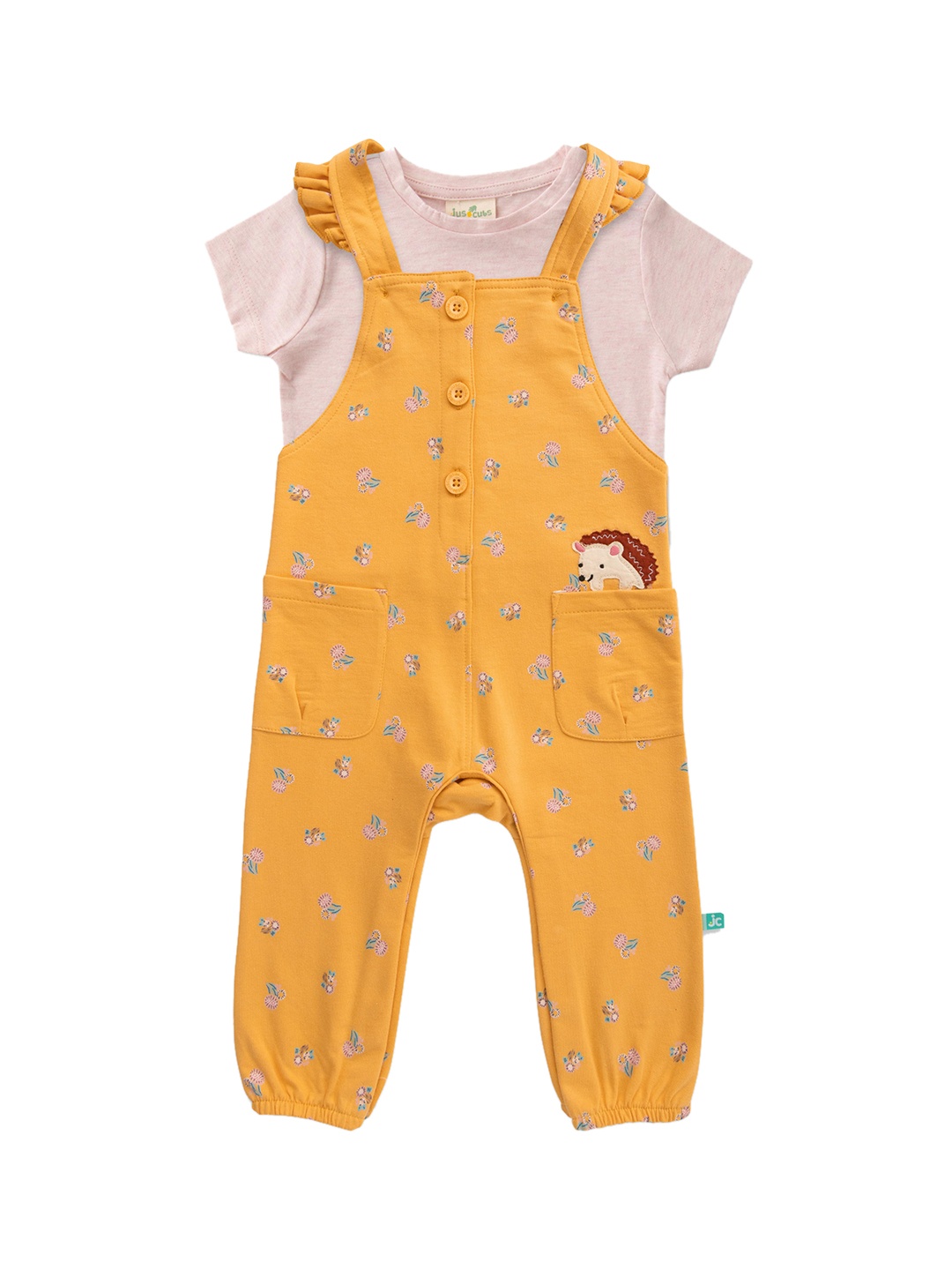 

JusCubs Girls Printed Cotton Straight-Leg Dungaree With T-Shirt, Yellow