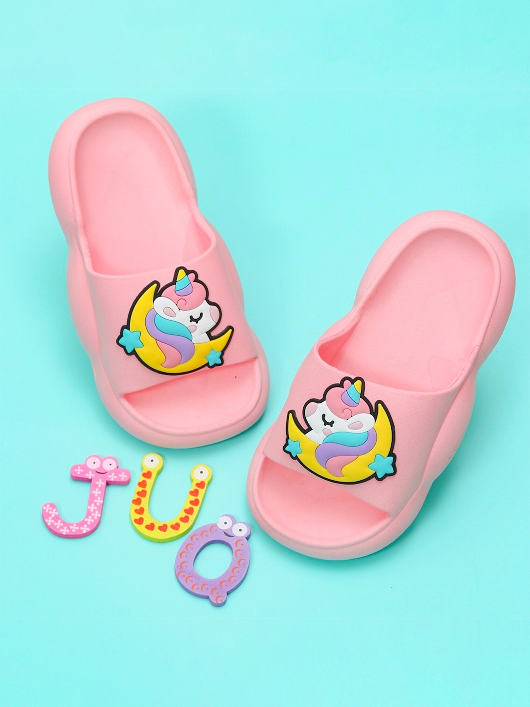 

Yellow Bee Girls Unicorn Applique Rubber Sliders, Pink