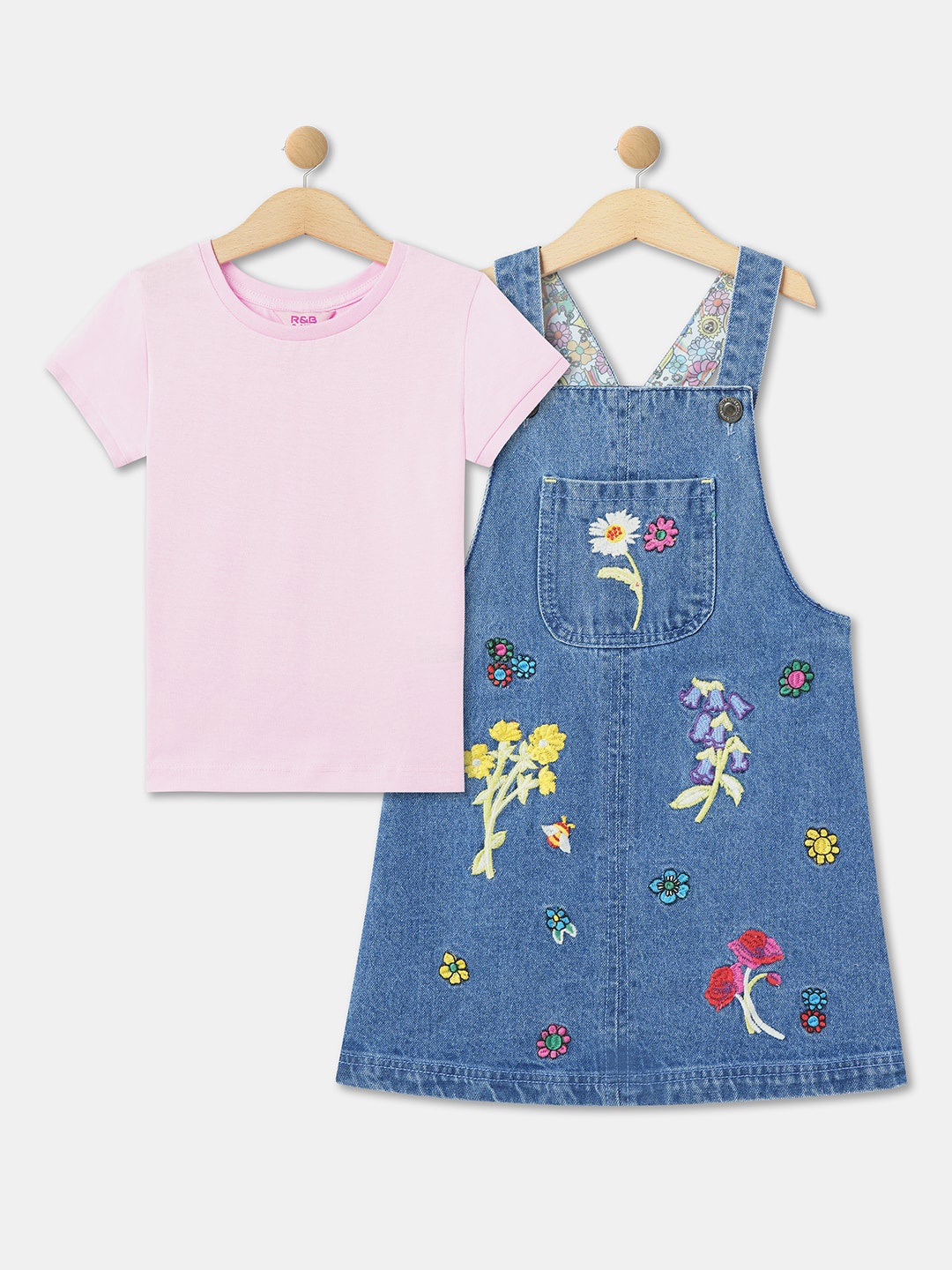 

R&B Girls Applique Detail Denim Dungaree With T-Shirt, Blue