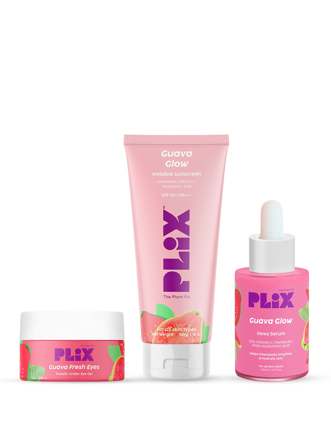 

PLIX THE PLANT FIX Guava Glow Trio- Dewy Face Serum 20ml+ Sunscreen 50g+ Under Eye Gel 15g, Pink