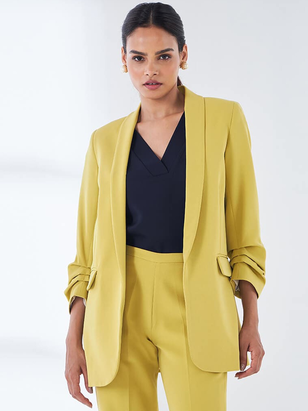 

SALT ATTIRE Open Front Ruched Sleeves Comfort-Fit Casual Blazer, Yellow