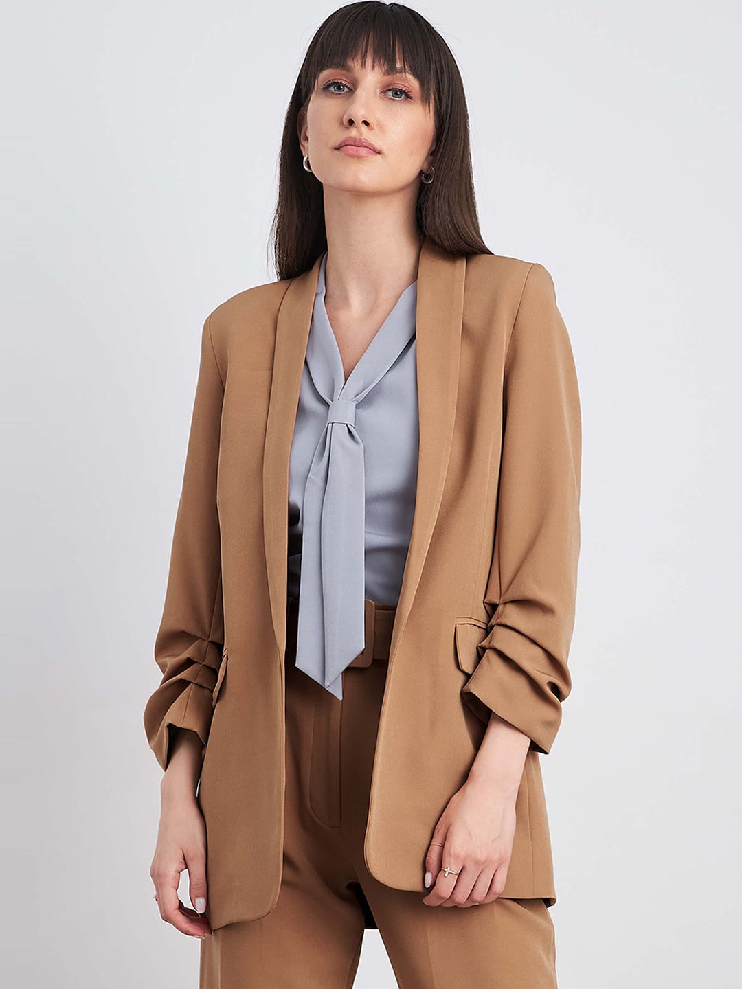 

SALT ATTIRE Open Front Ruched Sleeves Comfort-Fit Casual Blazer, Brown