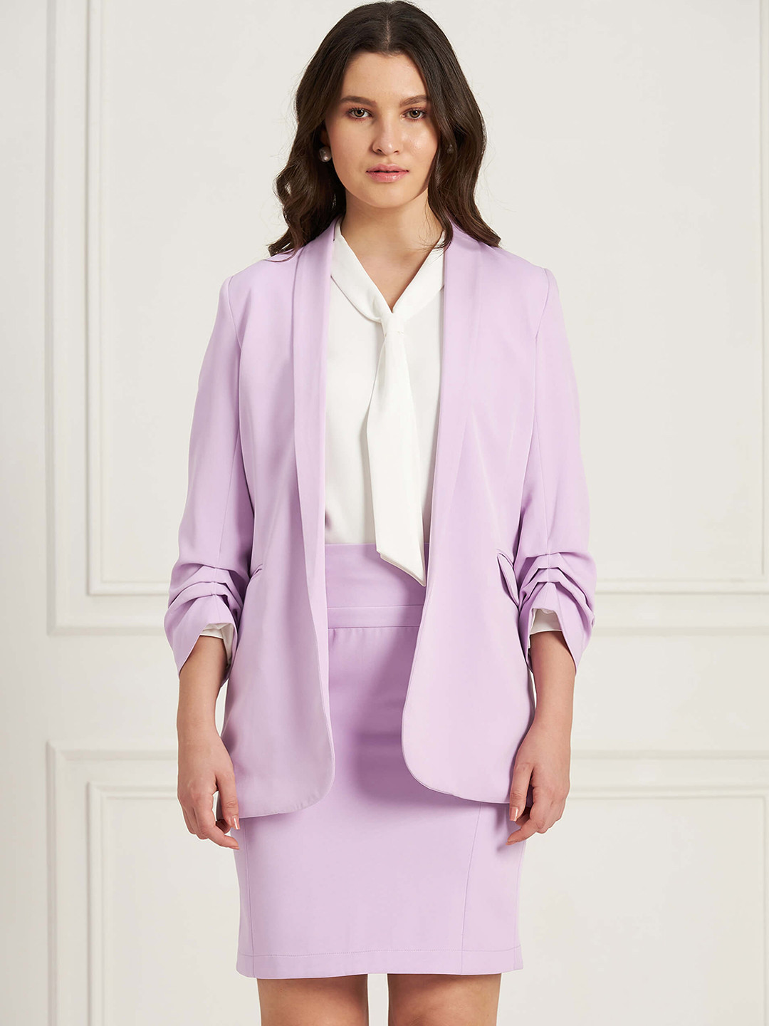 

SALT ATTIRE Open Front Ruched Sleeves Comfort-Fit Formal Blazer, Lavender