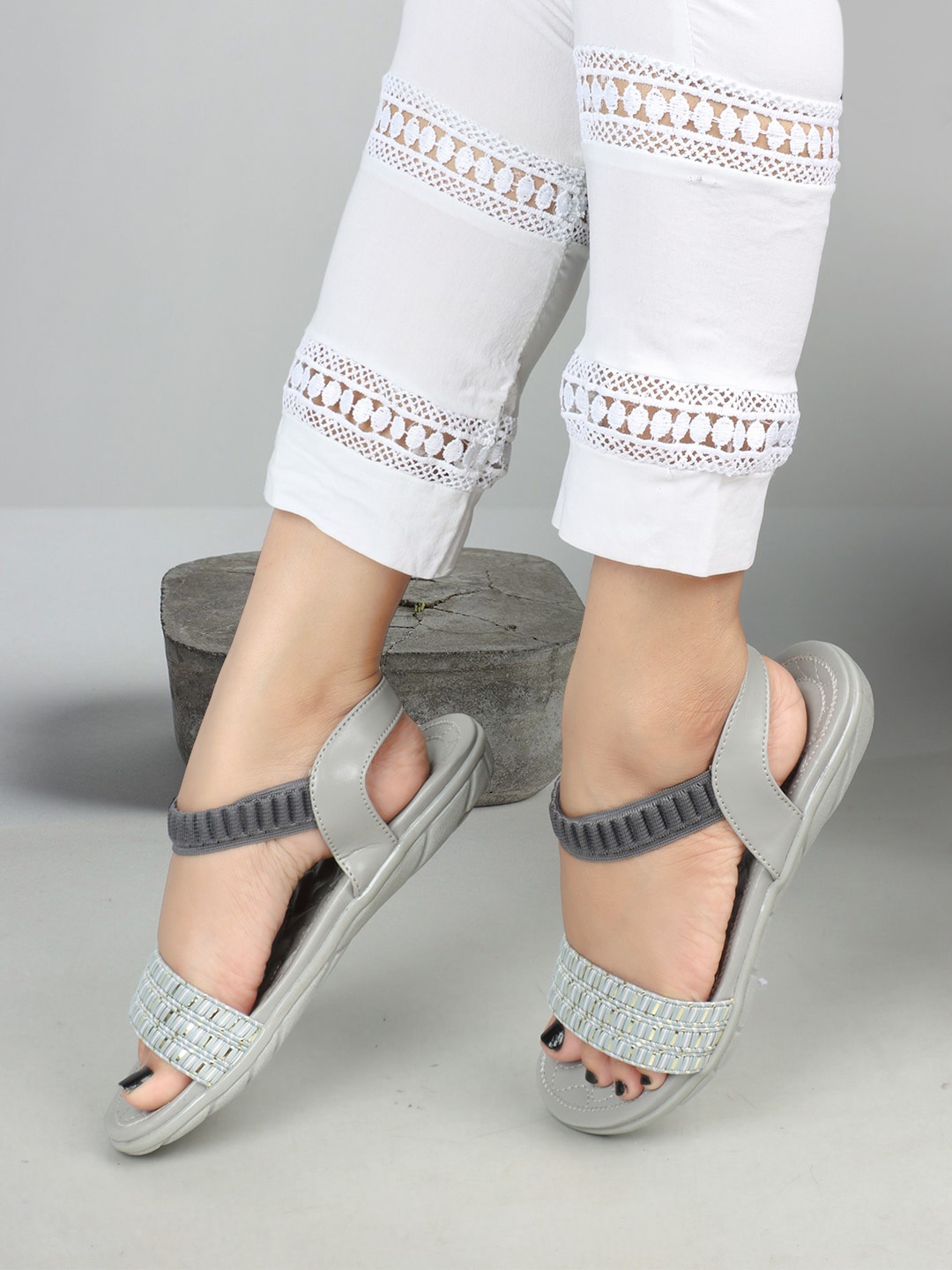 

ICONICS Striped Open Toe Flats, Grey
