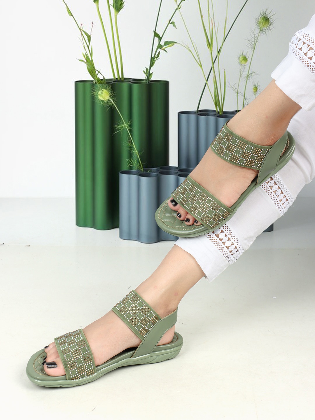 

ICONICS Embellished Open Toe Flats, Olive