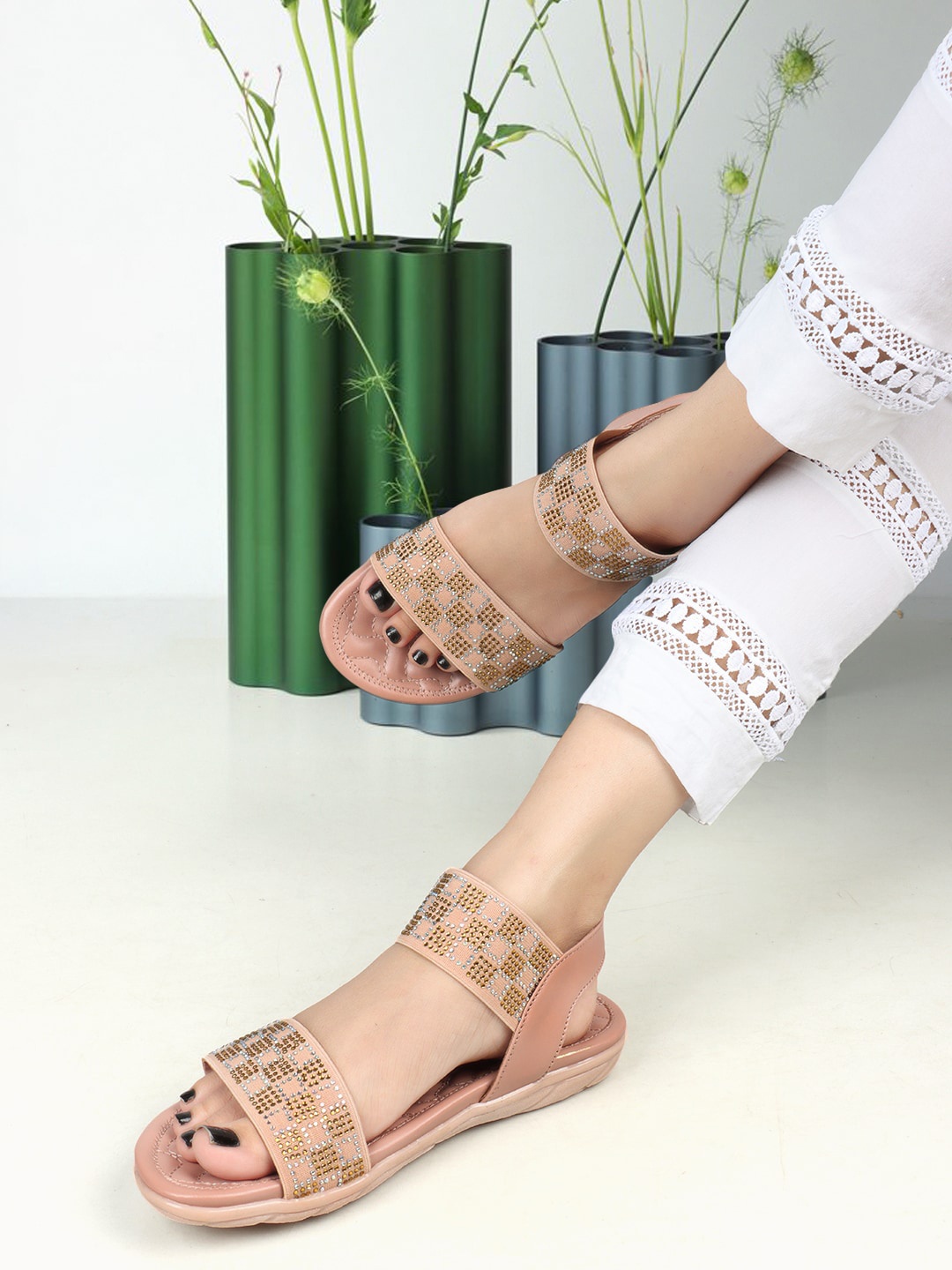 

ICONICS Embellished Open Toe Flats, Pink