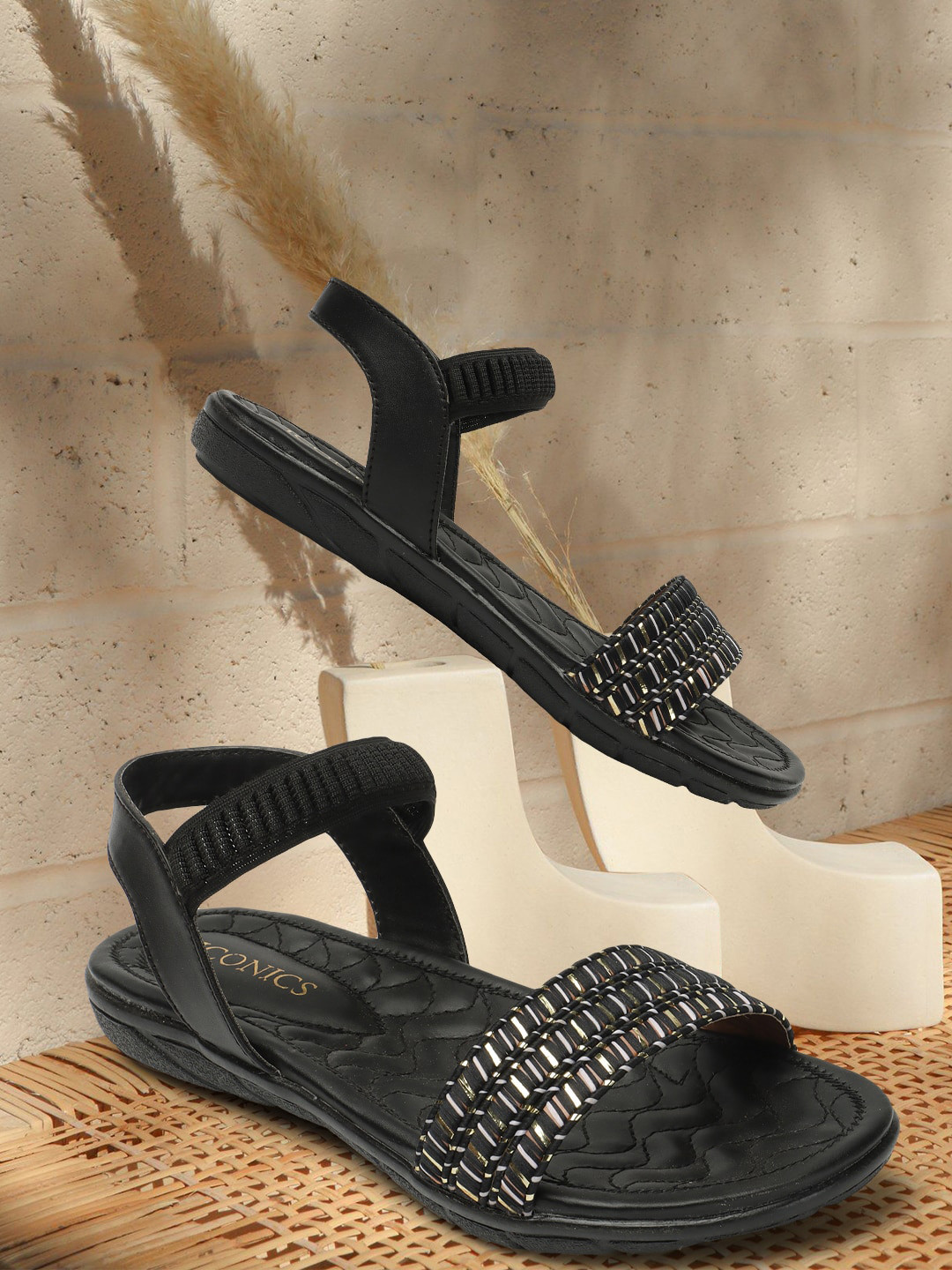 

ICONICS Striped Open Toe Flats, Black