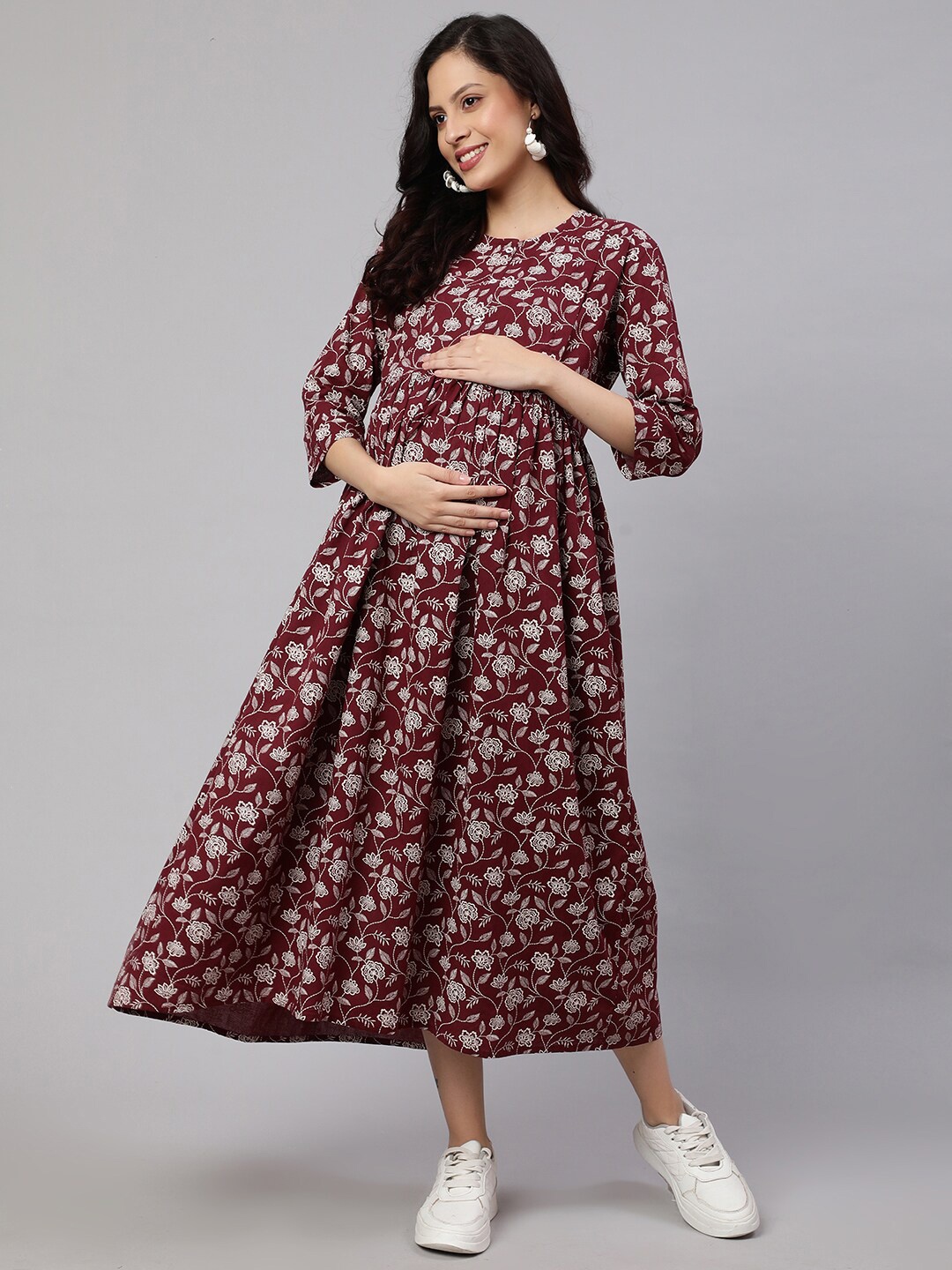 

Nayo Burgundy Floral Print Maternity Empire Midi Dress